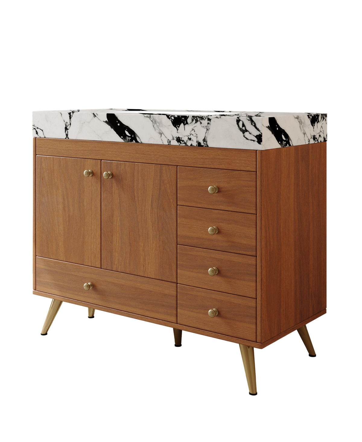 Thirtypeachy 36 Inch Freestanding Bathroom Vanity, Plywood Cabinet with Stainless Steel Legs, Sintered Stone Top with Ceramic Sink, 5 Drawers - Walnut