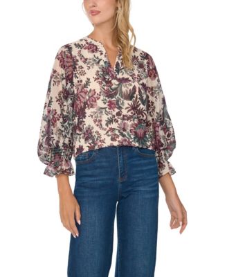 Women's Split Neck Floral-Print 3/4-Sleeve Chiffon Blouse