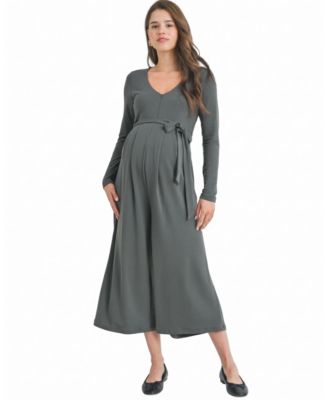 Women's Zip-Up Long-Sleeve Belted Wide-Leg Nursing Jumpsuit