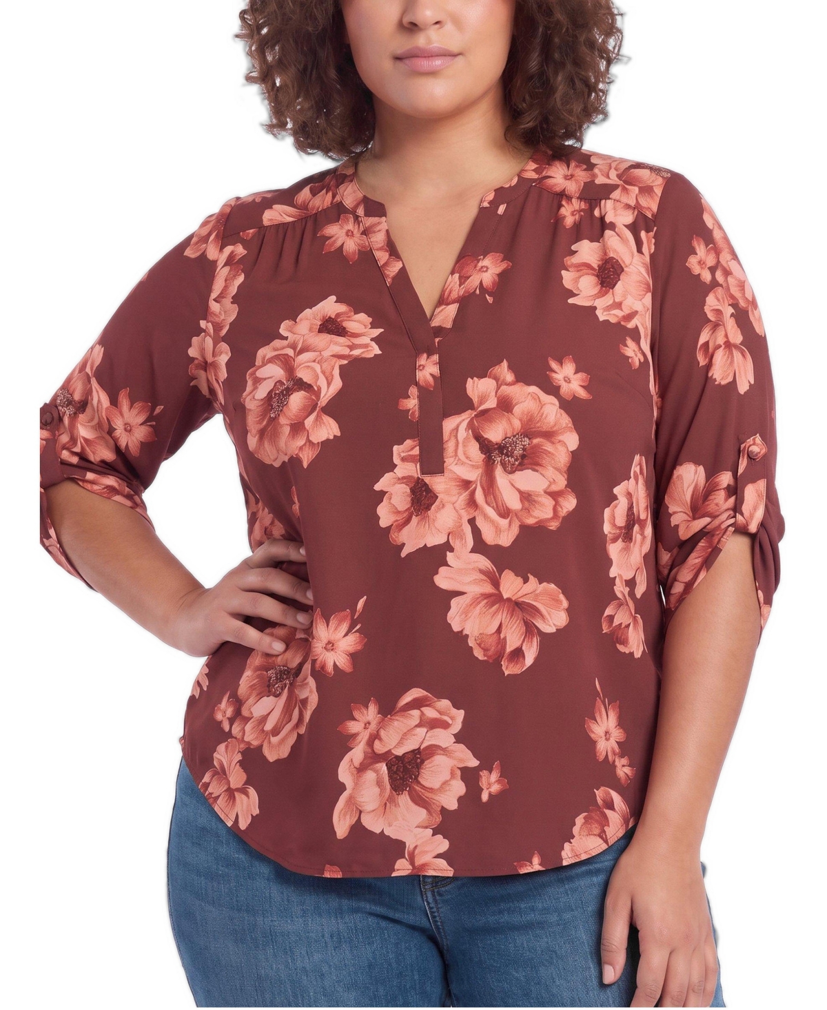 Torrid Plus Size Harper Floral 3/4 Roll-Tab Sleeve Blouse - Lily floral red