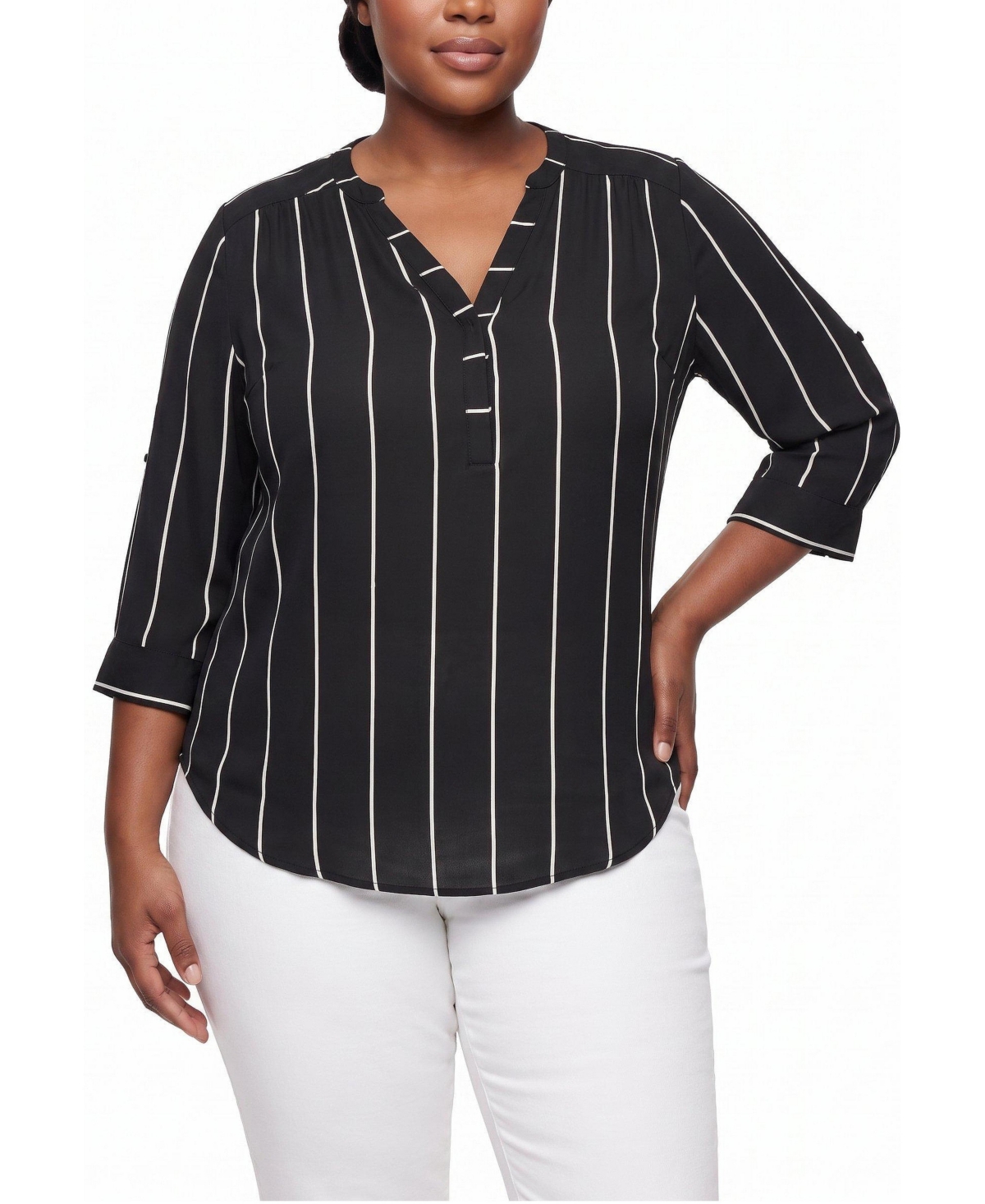Torrid Plus Size Harper Floral 3/4 Roll-Tab Sleeve Blouse - Cove stripe black