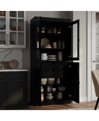 Solid Wood Kitchen Pantry China Cabinet and Modular Storage, Glass and Shaker Doors, 2 Drawers, Adjustable Shelves, 32"W x 71.5"H