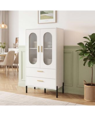 Modern Sideboard Buffet Cabinet with Fluted Doors, 2 Drawers, Solid Metal Frame