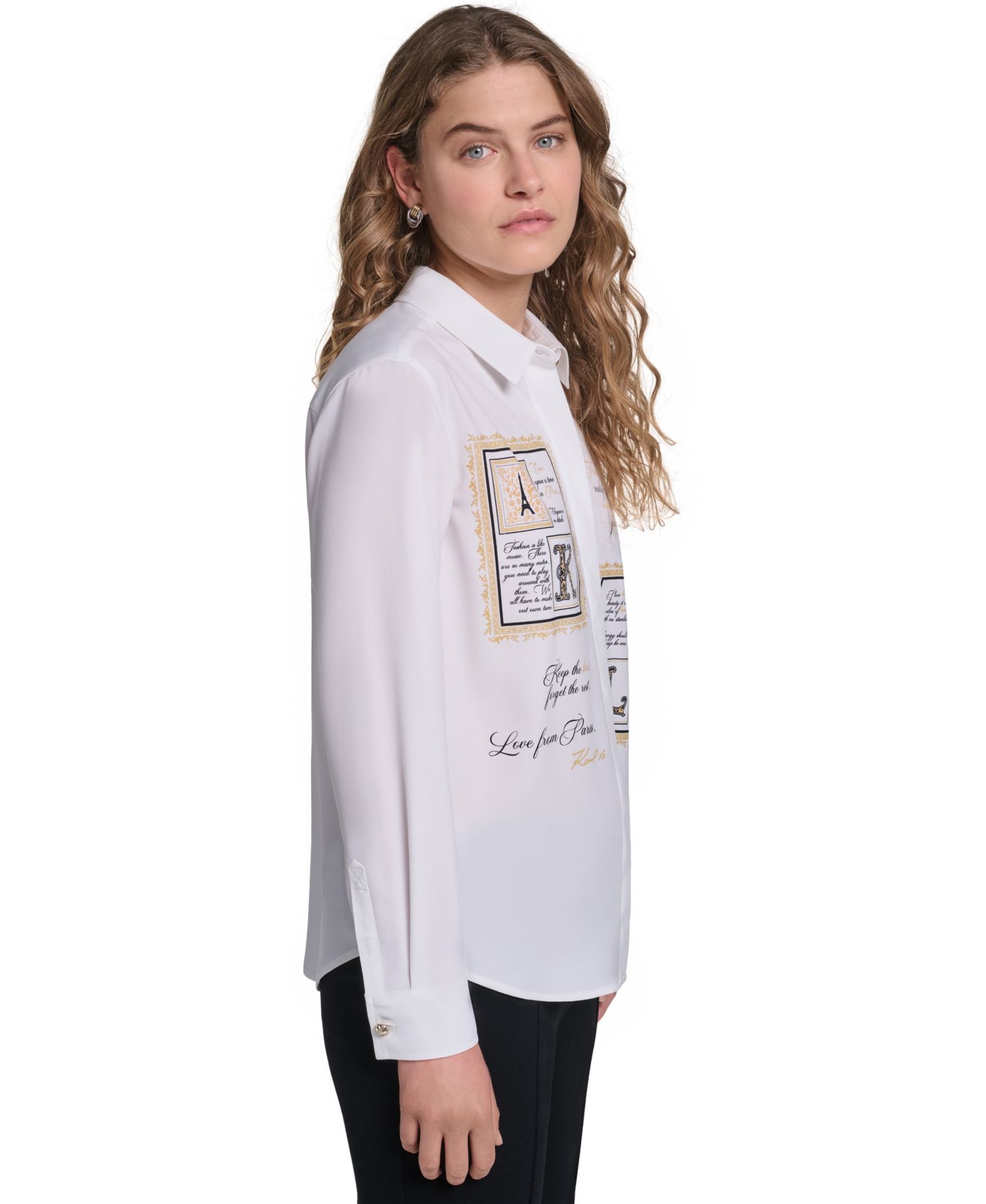 Женский топ KARL LAGERFELD PARIS Karl Frames Point Collar Long Sleeve Button Down, цвет: Мягкий белый — фото 3