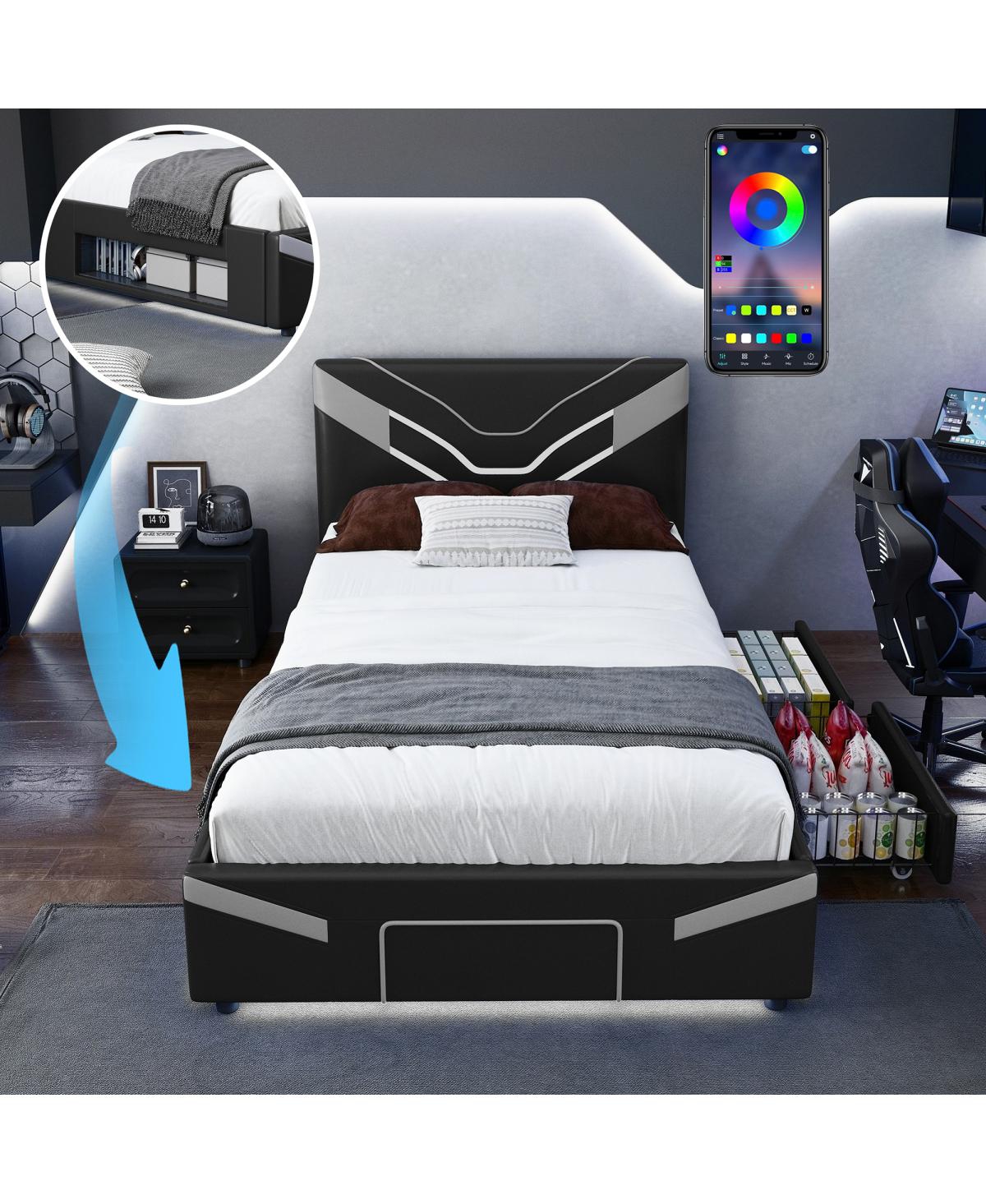 Streamdale Furniture Twin Upholstered Gaming Bed with Led, Storage and Drawers