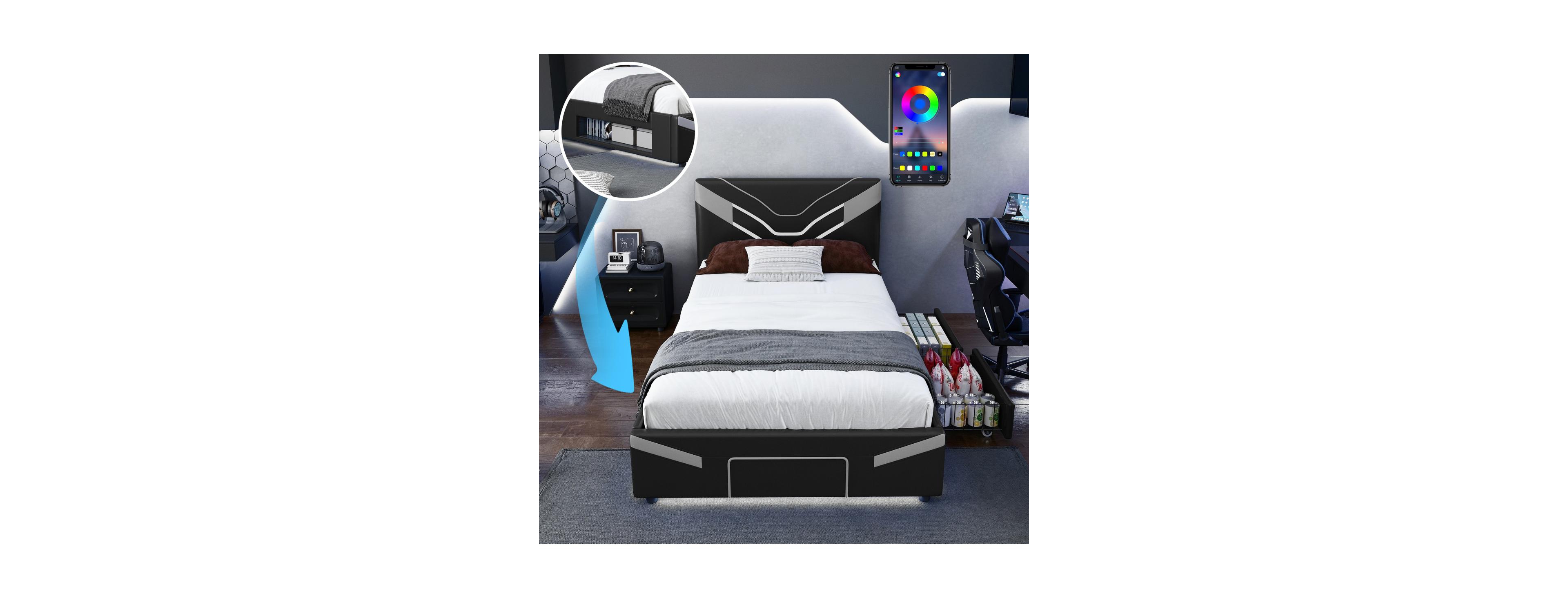 Streamdale Furniture Twin Upholstered Gaming Bed with Led, Storage and Drawers