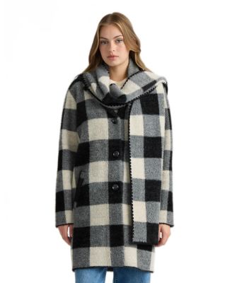 Women's Eyelash Coatigan with Scarf Buffalo Plaid Notch Collar Jacket