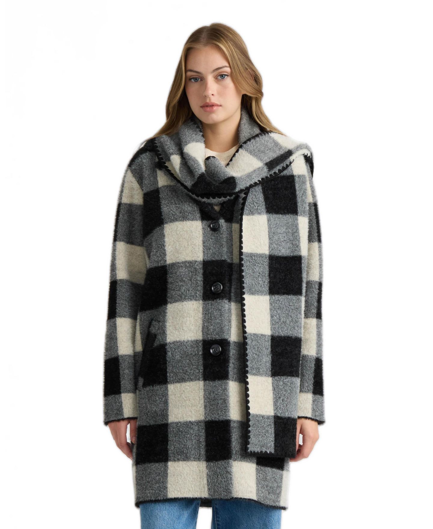 Женская куртка NVLT Eyelash Coatigan with Scarf Buffalo Plaid Notch Collar, цвет: Monochrome Buffalo — фото 1