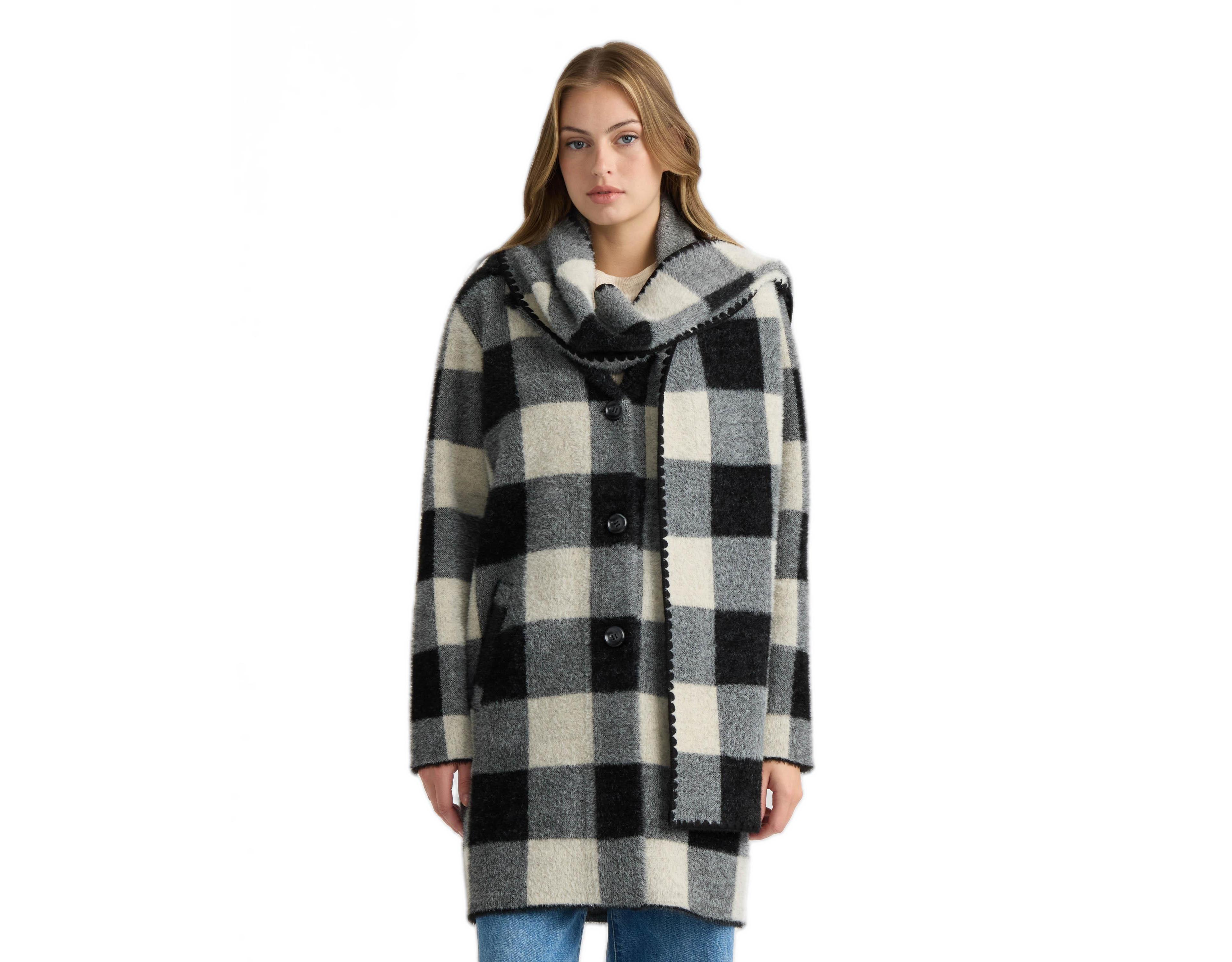 Nvlt Women's Eyelash Coatigan with Scarf Buffalo Plaid Notch Collar Jacket