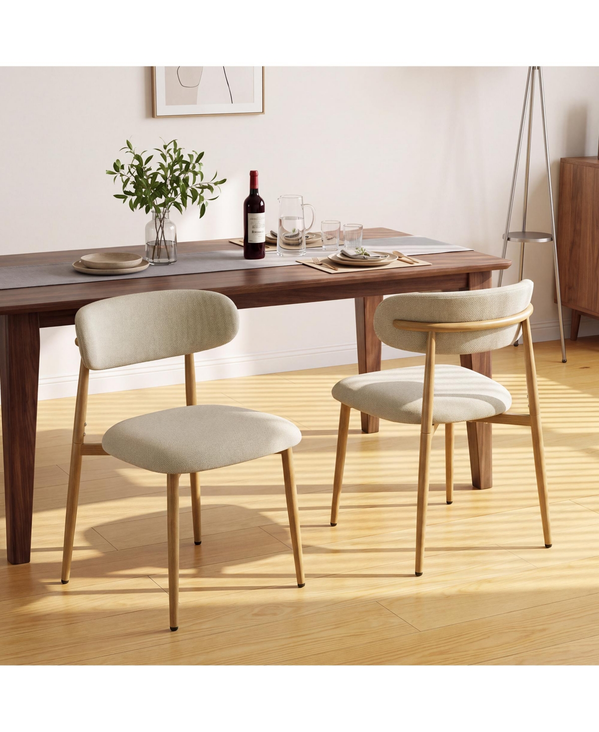 gaomon Set of 2 Linen Fabric Upholstered Oval Back Wood-Grain Finish Dining Side Chairs