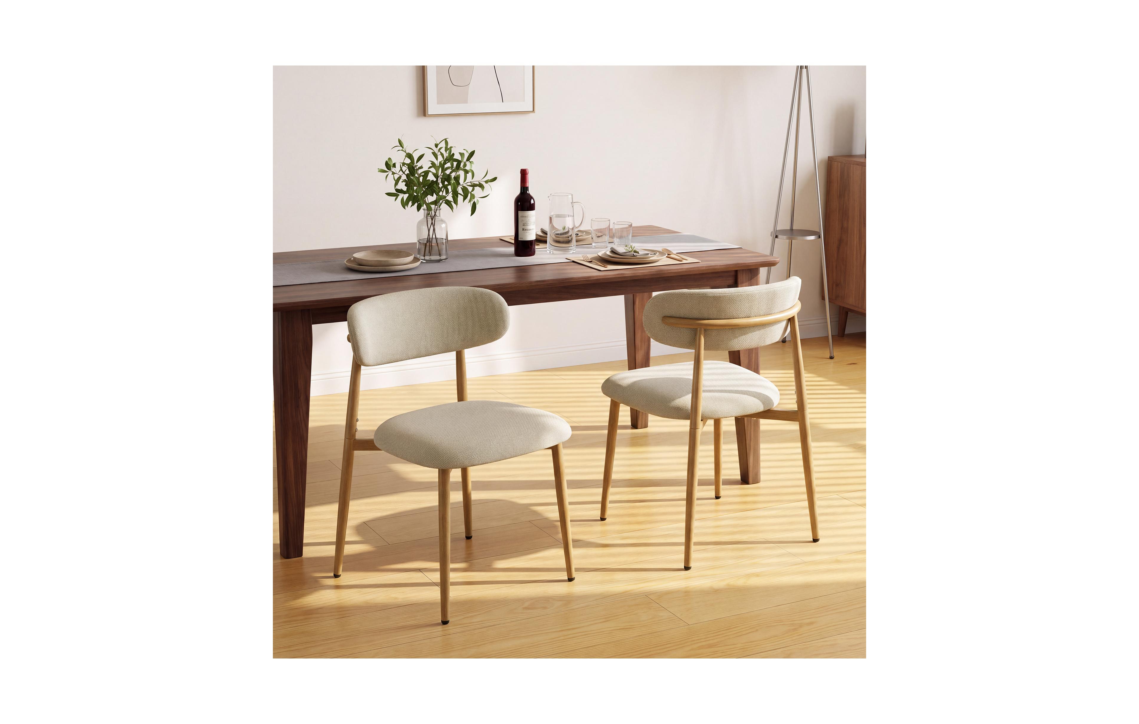 gaomon Set of 2 Linen Fabric Upholstered Oval Back Wood-Grain Finish Dining Side Chairs