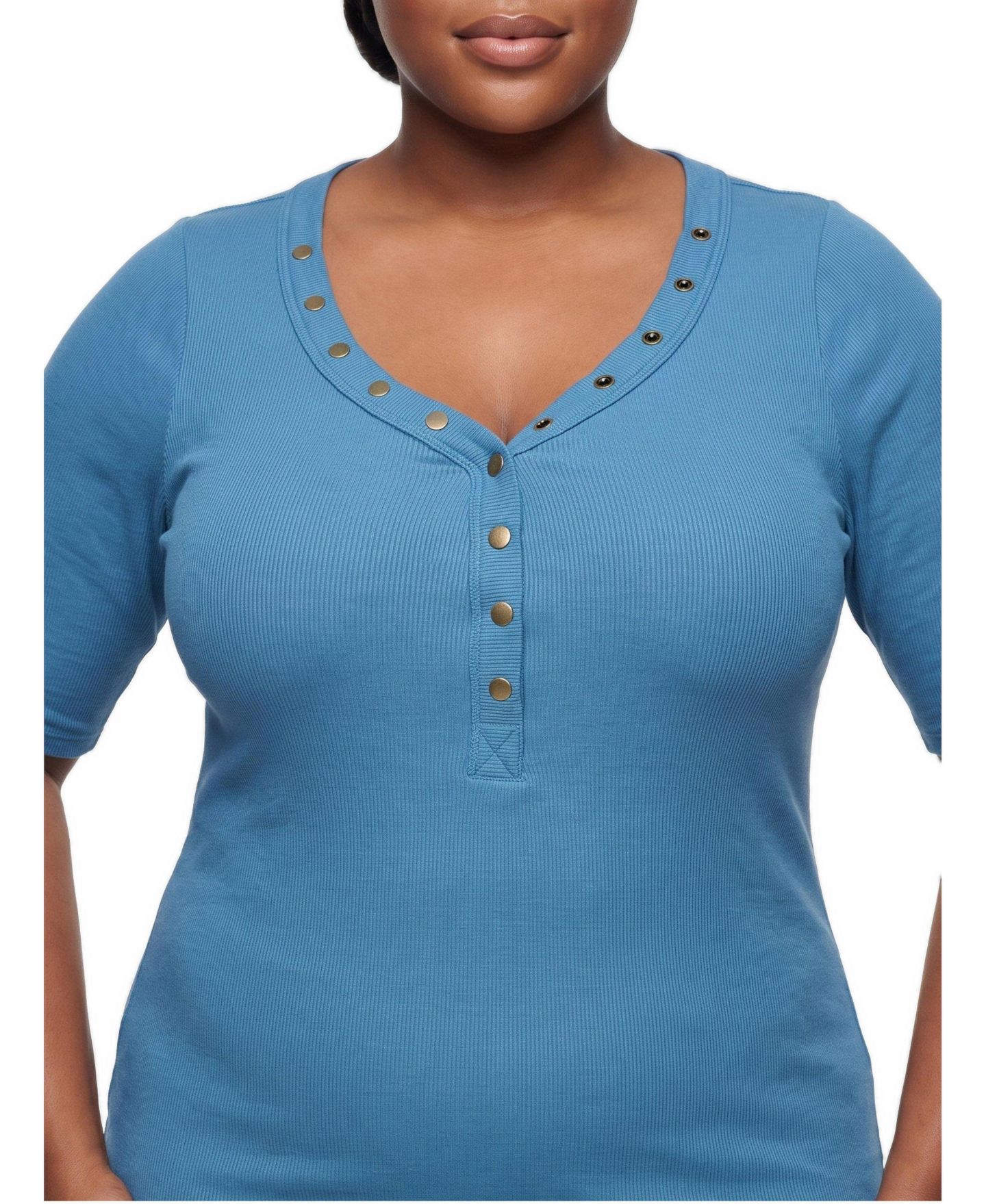 Женский топ Torrid Plus Size Cotton-Modal Ribbed Curved Henley, цвет: Stellar — фото 2