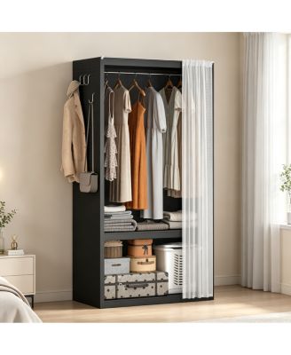 Metal Wardrobe Closet with Curtain, Shelves and Hooks