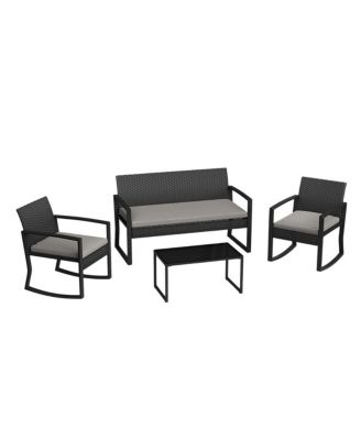 4-Piece PE Rattan Patio Furniture Set, Outdoor Rocking Loveseat, 2 Rocking Chairs and Coffee Table with Cushions, Tempered Glass Top