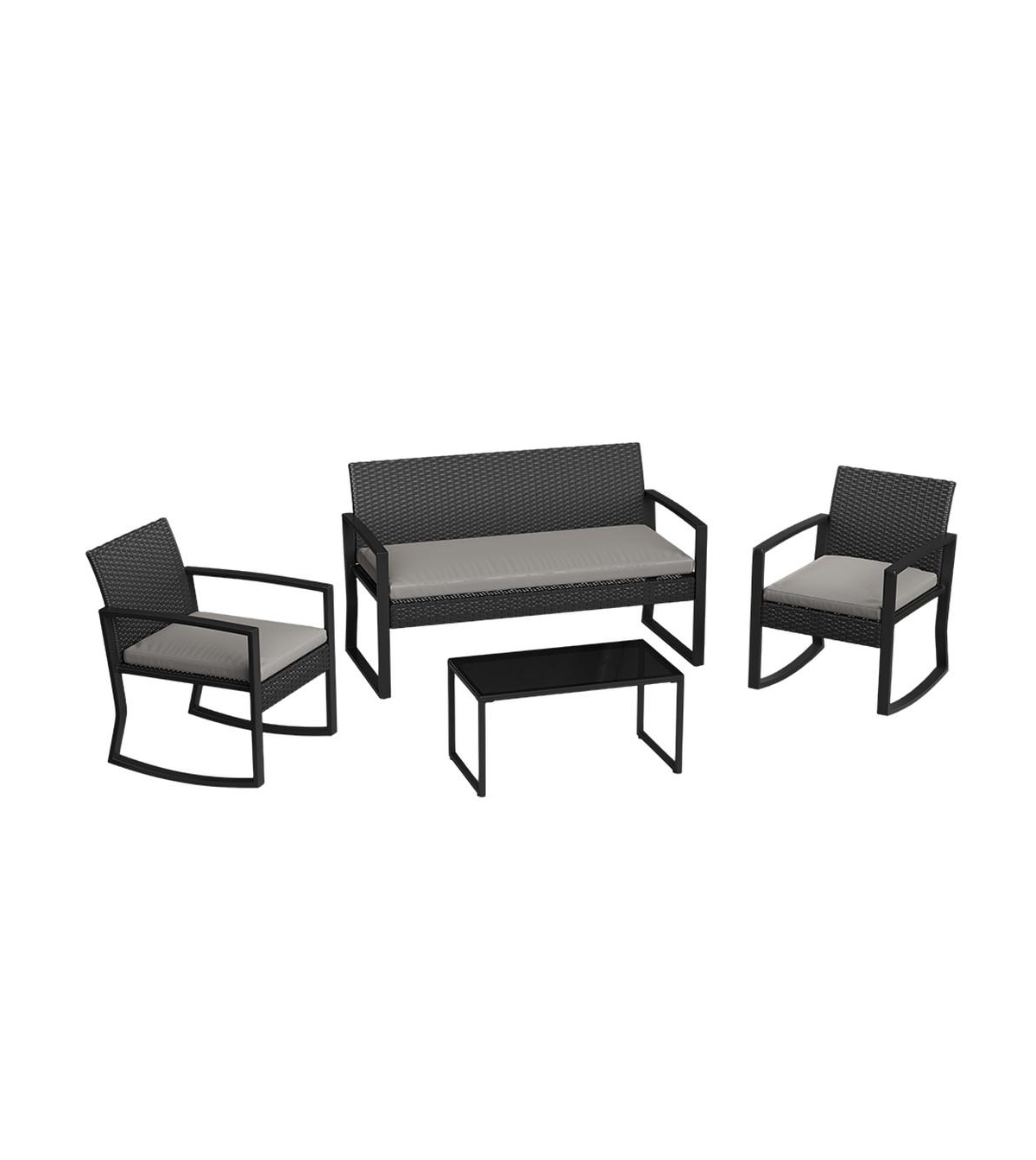 GarveeLife 4-Piece Pe Rattan Patio Furniture Set, Outdoor Rocking Loveseat, 2 Rocking Chairs and Coffee Table with Cushions, Tempered Glass Top
