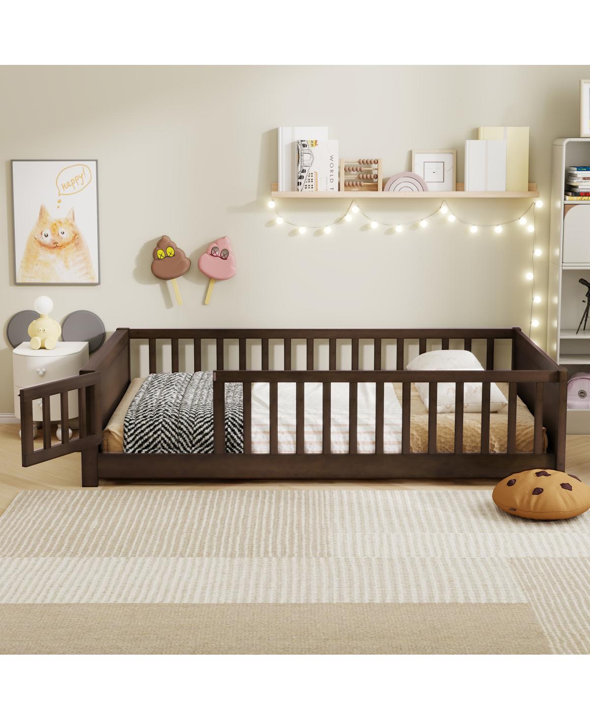 Streamdale Furniture Full Size Rubber Wood Floor Bed with Guardrails,Built-in Book Rack,Door