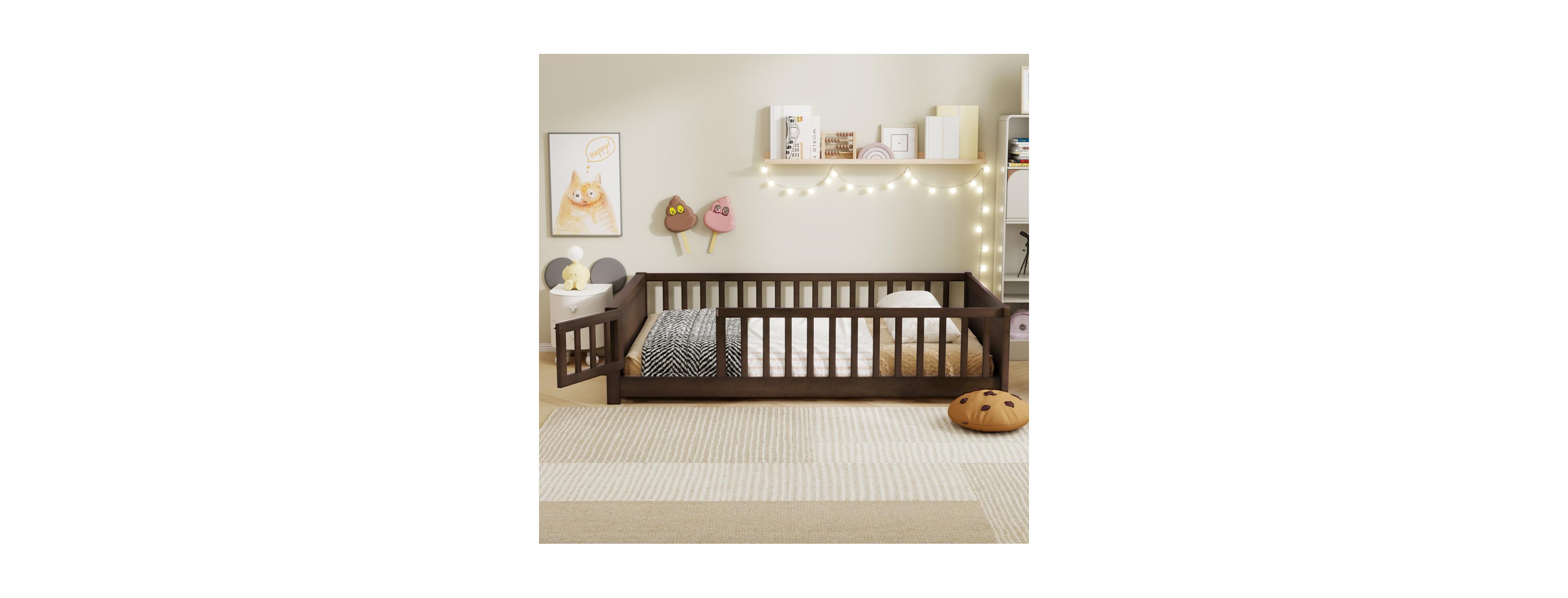 Streamdale Furniture Full Size Rubber Wood Floor Bed with Guardrails,Built-in Book Rack,Door