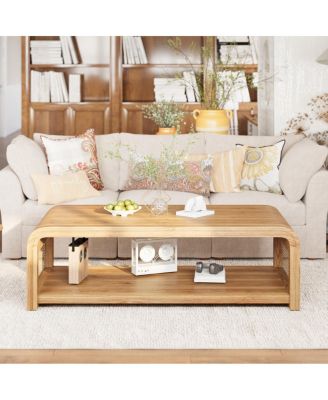 Curved Rectangular Rattan 2-Tier Coffee Table, Natural Boho Farmhouse Center Table