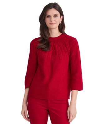 Petite Cable Yoke Cable-Knit 3/4-Sleeve Pullover Sweater