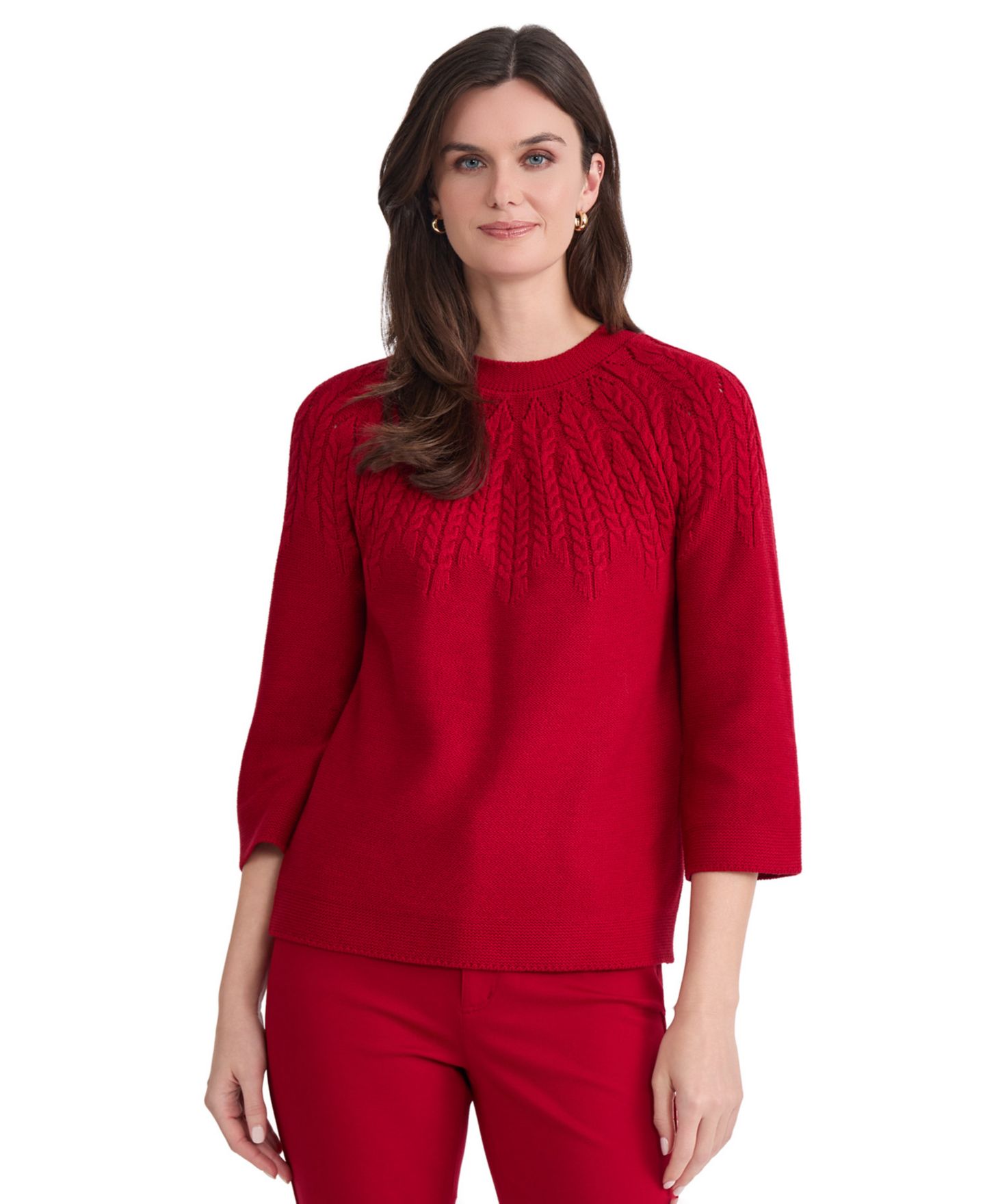 Женский свитер Jones New York Petite Cable Yoke Cable-Knit 3/4-Sleeve Pullover, цвет: Красный — фото 1
