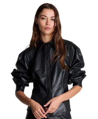 Women's Faux Leather Snap Front Pleated Sleeve Collared Shirt