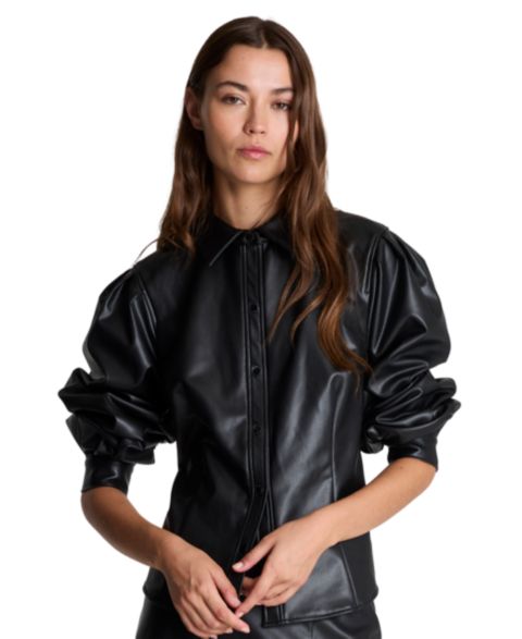 Женская рубашка Kenneth Cole из экокожи на кнопках, с плиссированными рукавами, цвет: Чёрный