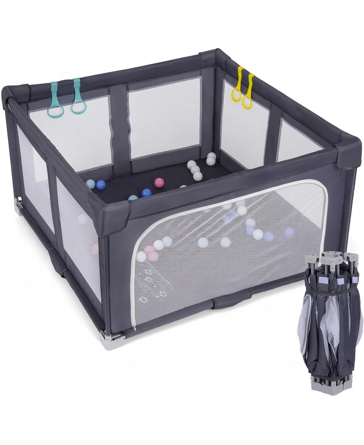 Gouun Baby Foldable Play Gym and Playpen Set with 5 Sensory Toys - Grey