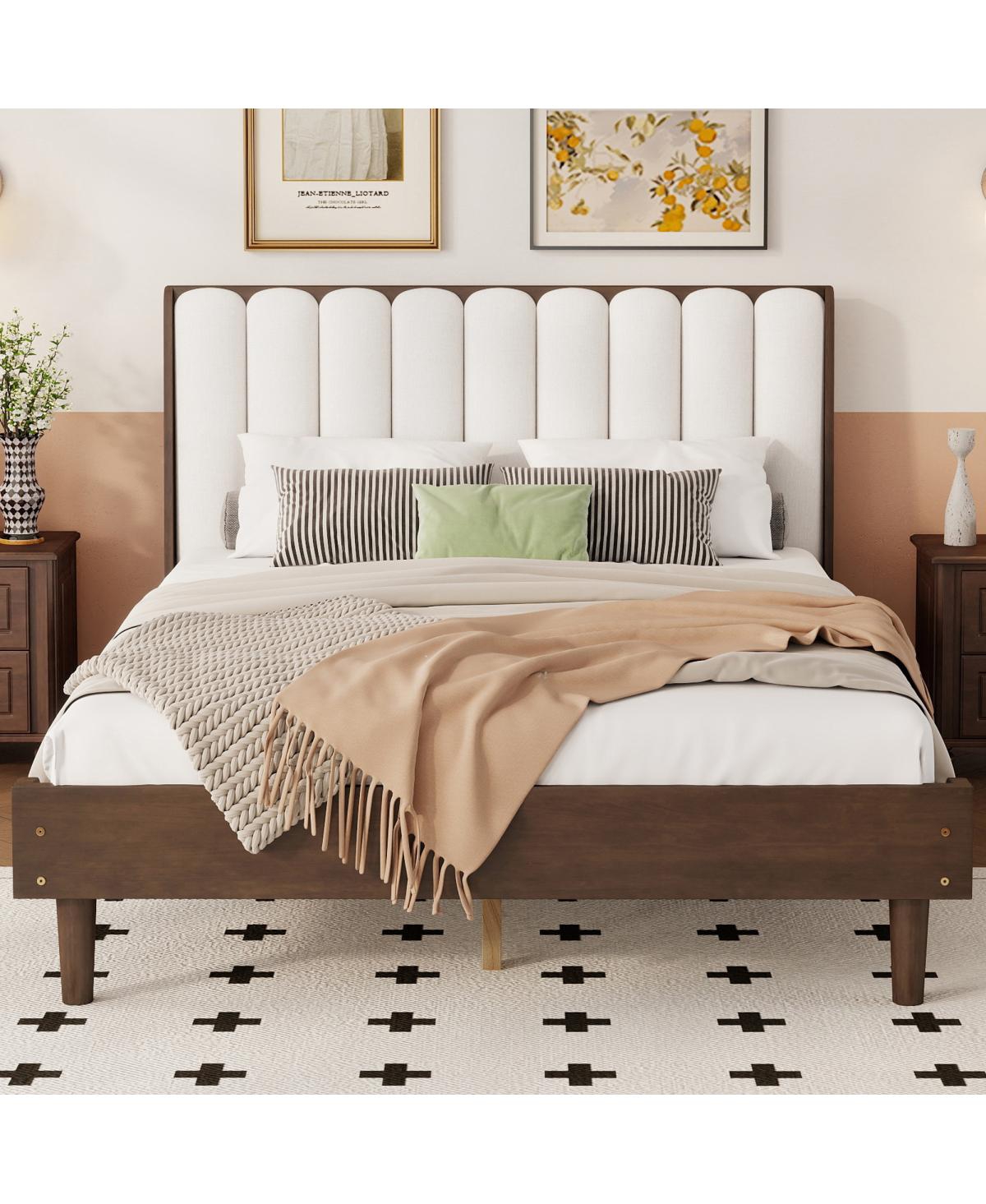 Streamdale Furniture Queen Wood Bed with Piano Key Upholstered Headboard - Walnut
