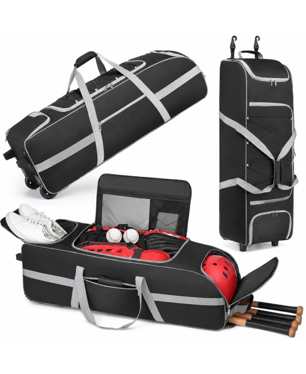 Peneyon Large Rolling Baseball Catchers Gear Bag With Wheels Softball Separate Shoe Compartment Fence Hook