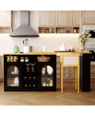 Mobile Farmhouse Wine Cabinet Cart with LED Lights and Power Outlet