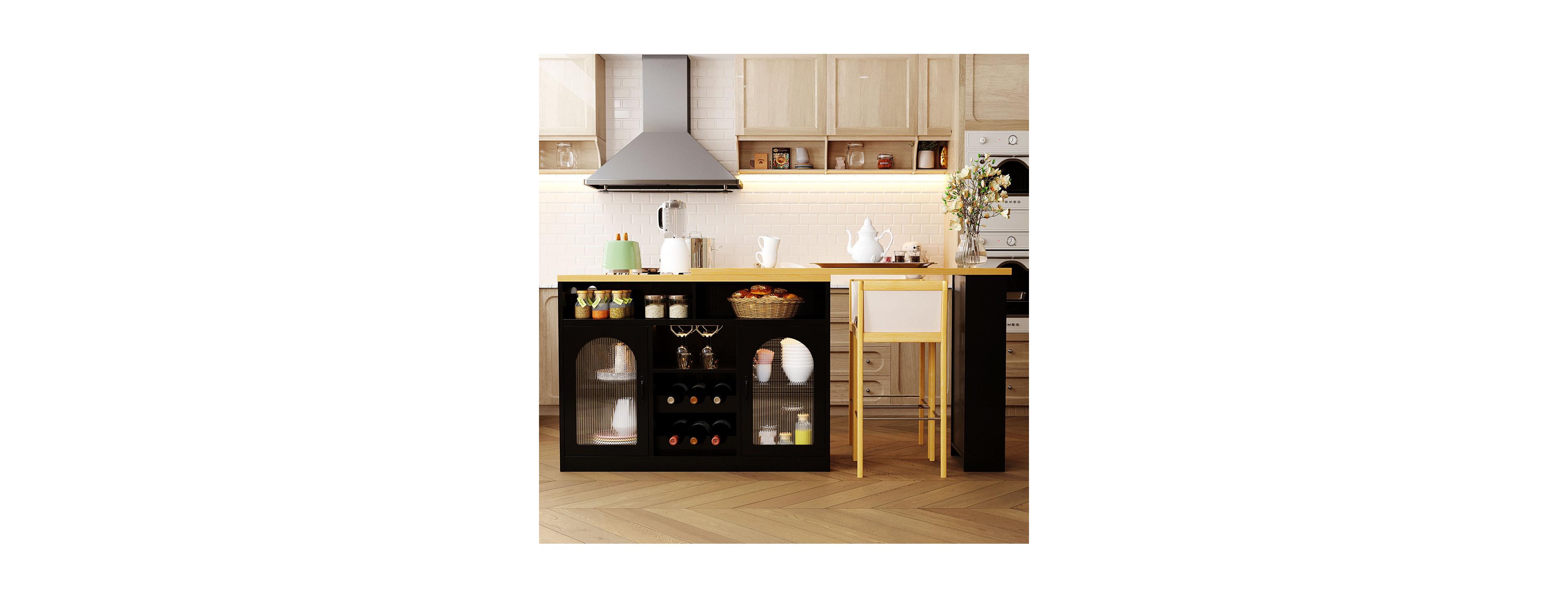 Streamdale Furniture Mobile Farmhouse Wine Cabinet Cart with Led Lights and Power Outlet