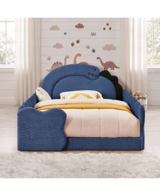  Cute Dinosaur Full Size Wood Bed Frame with Guardrail and Boucle Fabric