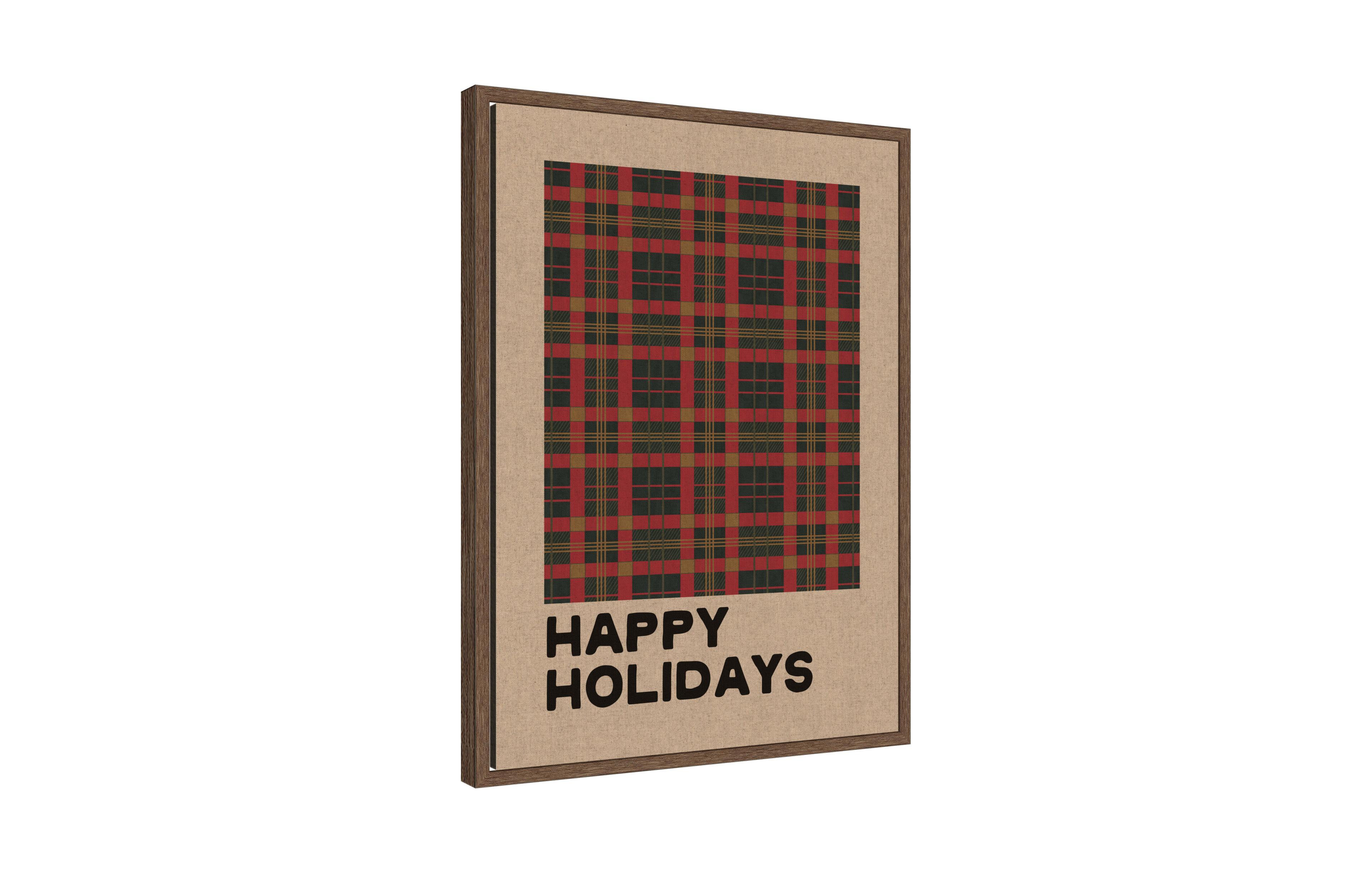 Kate and Laurel Holiday Plaid Neutral Linen by Kikiandnim Framed Canvas Wall Art Print