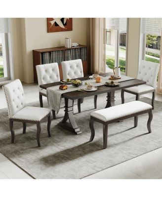 6-Piece Farmhouse Dining Table Set with Bench and 4 Tufted Chairs