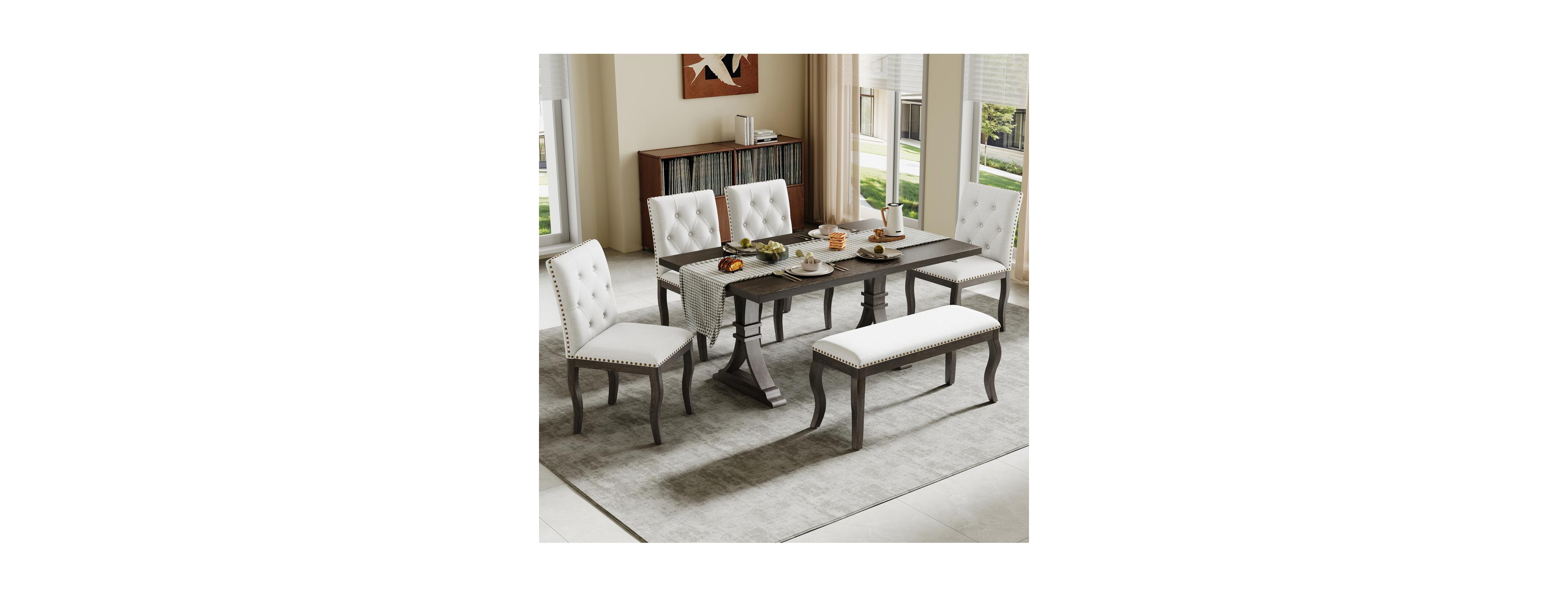 Streamdale Furniture 6-Piece Farmhouse Dining Table Set with Bench and 4 Tufted Chairs