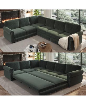 118" L-Shaped Pull-Out Sleeper Sofa with Nailhead Trim and Chenille Upholstery