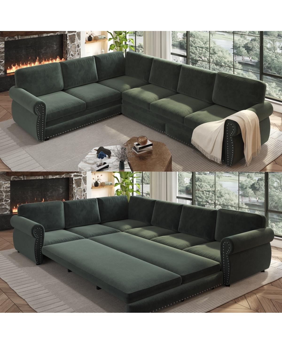 Streamdale Furniture 118" L-Shaped Pull-Out Sleeper Sofa with Nailhead Trim and Chenille Upholstery