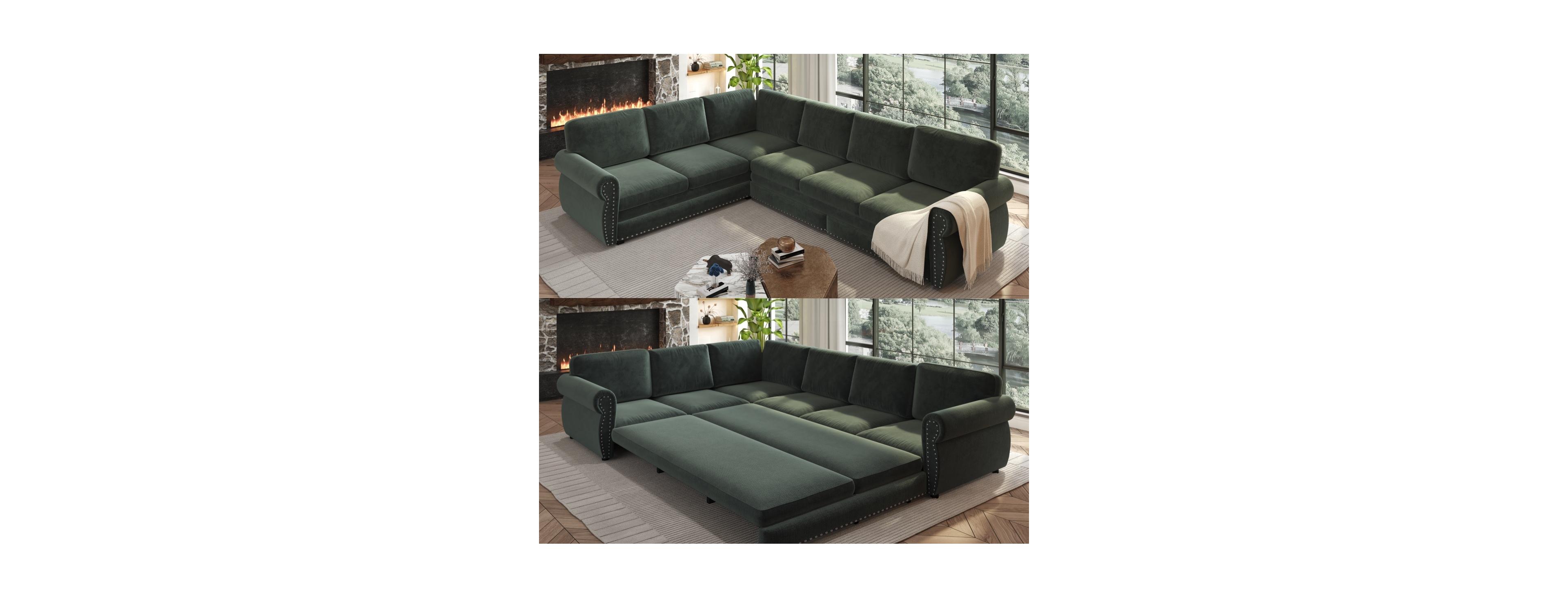 Streamdale Furniture 118" L-Shaped Pull-Out Sleeper Sofa with Nailhead Trim and Chenille Upholstery