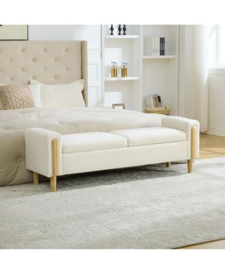 Modern Chenille Storage Bench with Armrest and Double Lids