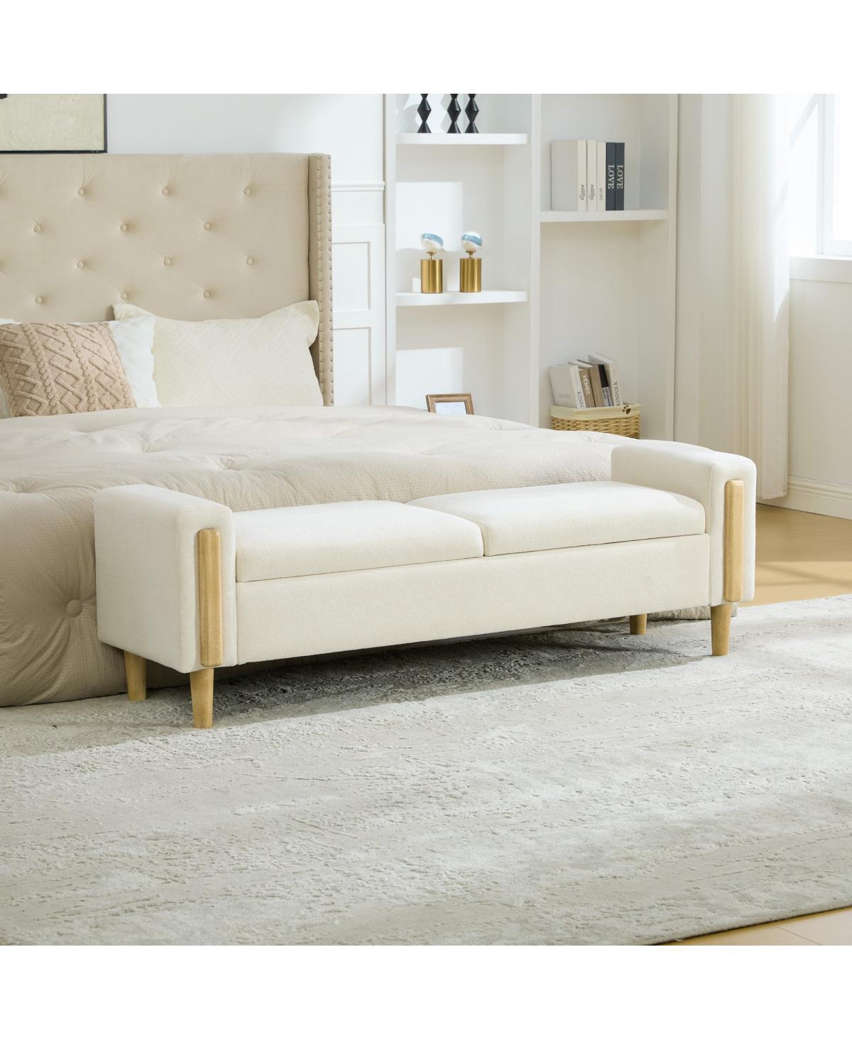 Streamdale Furniture Modern Chenille Storage Bench with Armrest and Double Lids