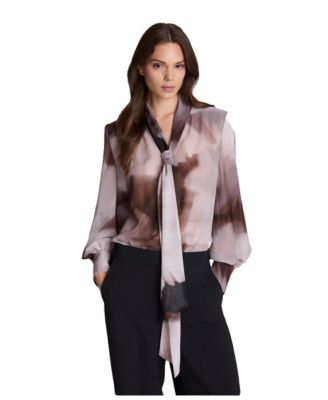 Women's Tie-Neck Balloon-Sleeve Printed-Chiffon Blouse