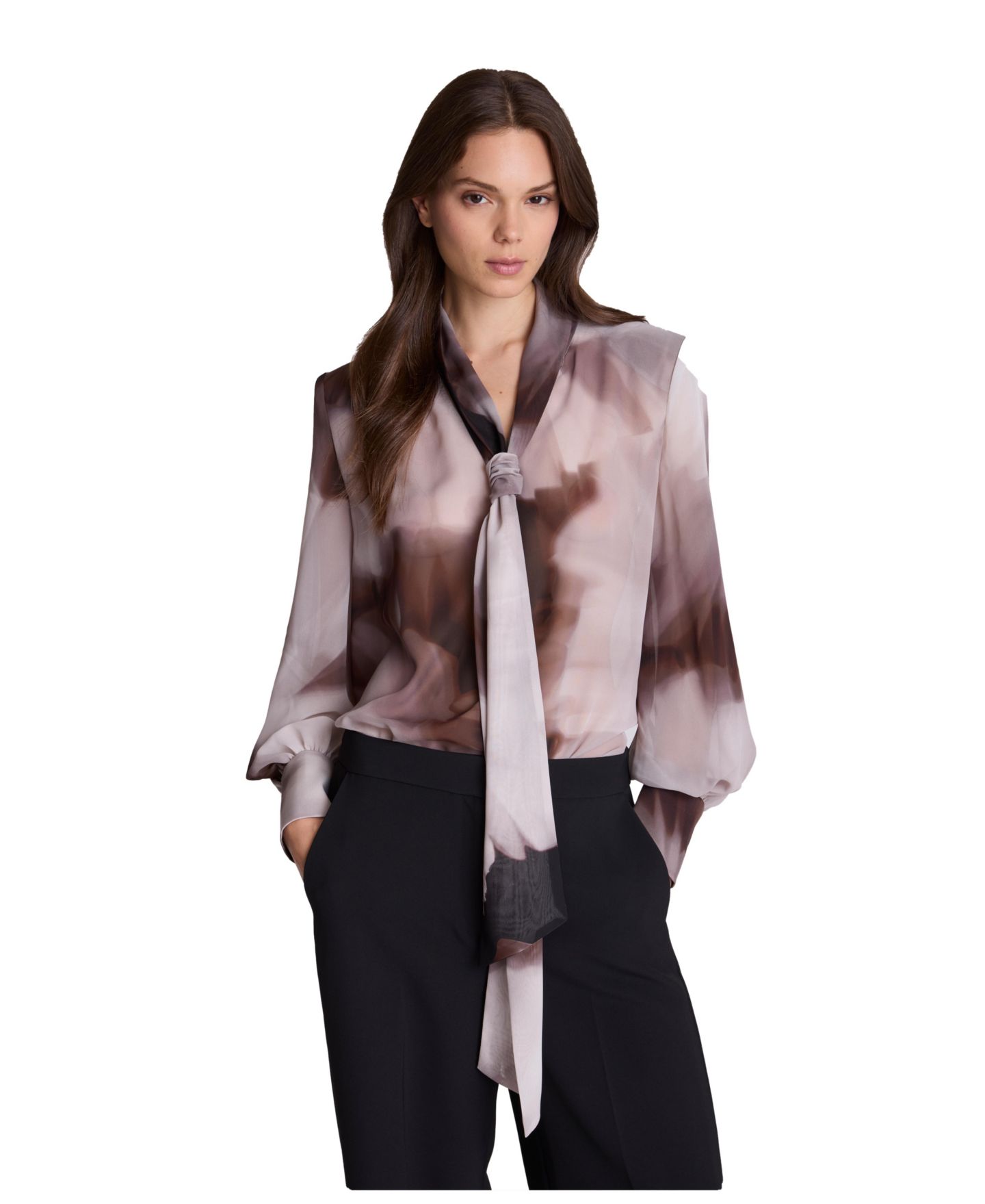 Женская блузка Kenneth Cole Tie-Neck Balloon-Sleeve Printed-Chiffon, цвет: Разноцветный — фото 1