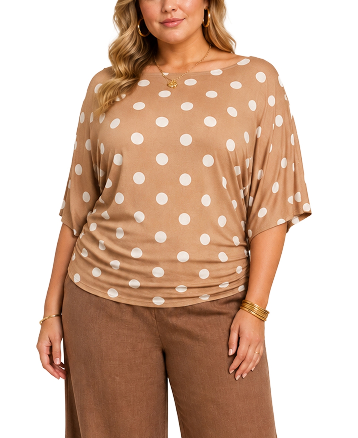 Coin 1804 Plus Size Polka-Dot Boatneck Batwing-Sleeve Blouse - Taupe Ivory
