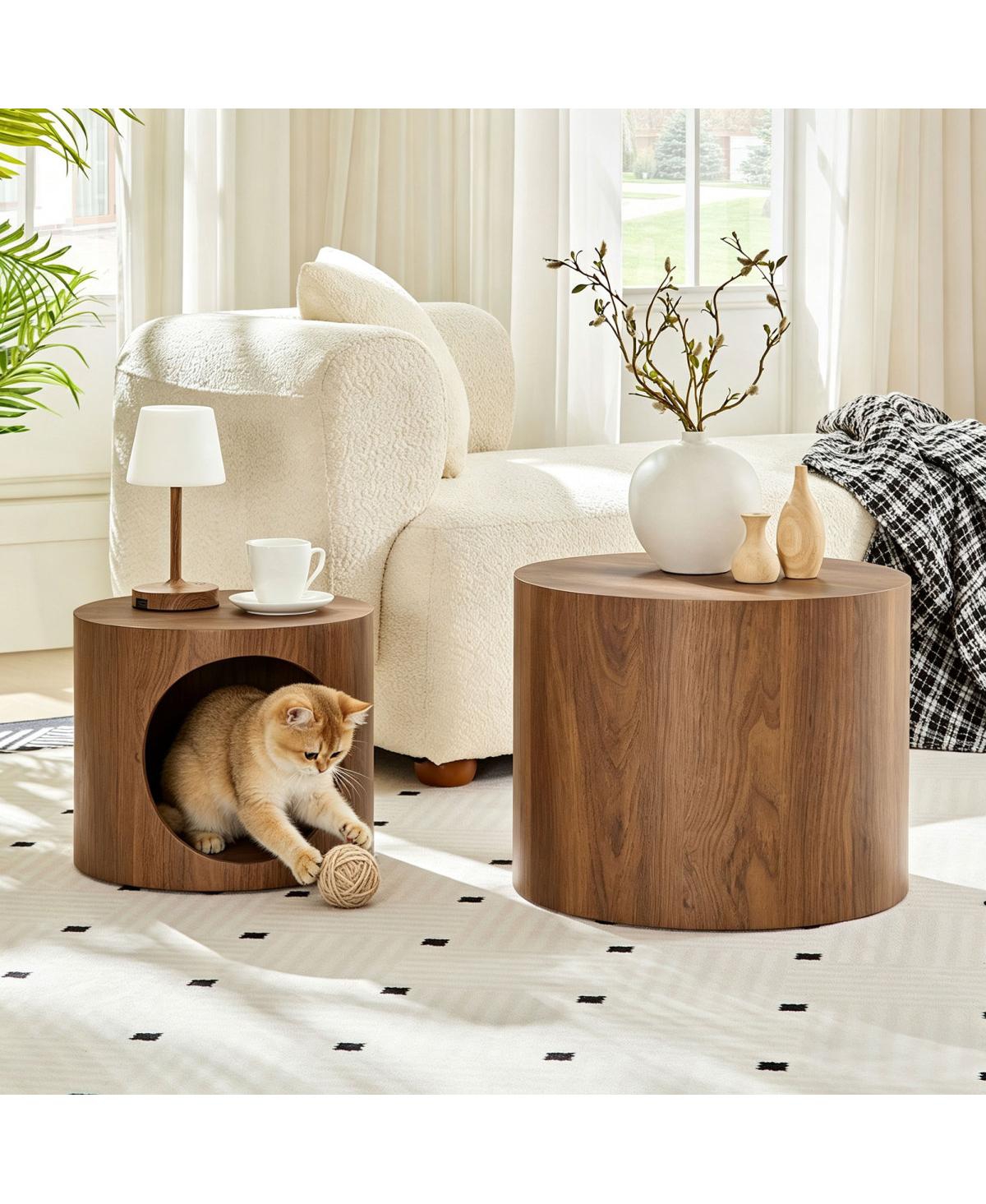Streamdale Furniture Round Nesting Coffee Table Set of 2 with Cat Nest