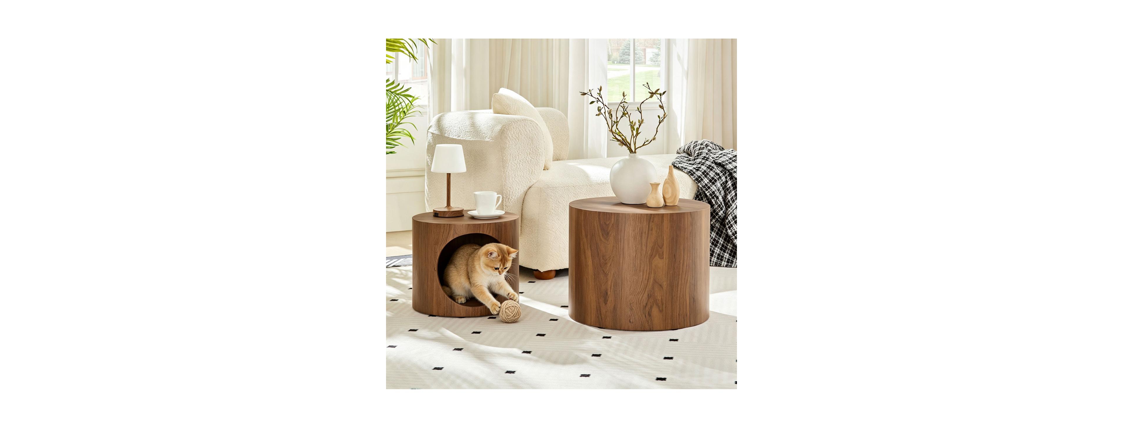 Streamdale Furniture Round Nesting Coffee Table Set of 2 with Cat Nest
