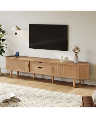 Wooden Oval Fluted TV Stand with Charging Station for 80" TV, Natural