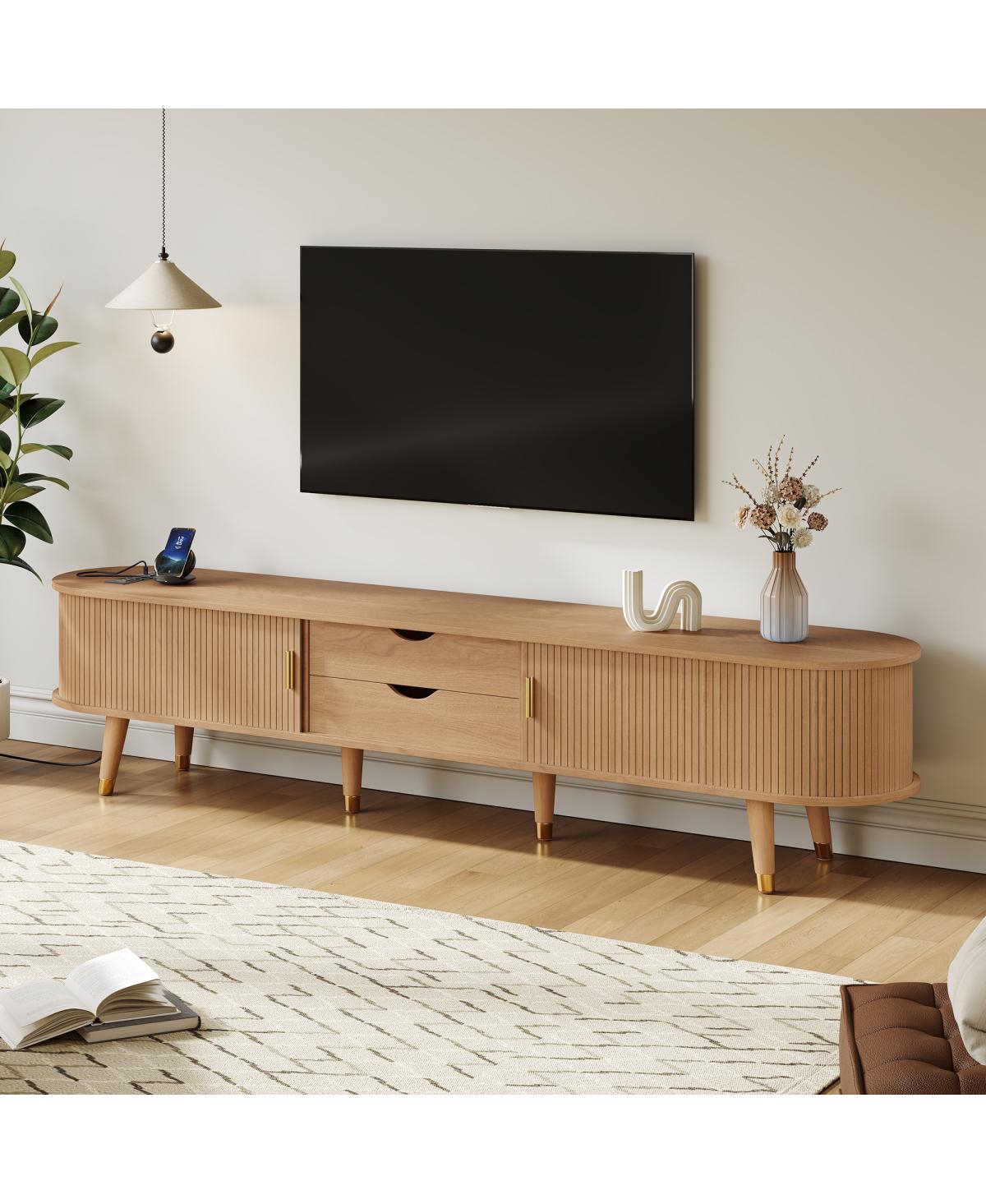 Streamdale Furniture Wooden Oval Fluted Tv Stand with Charging Station for 80" Tv, Natural