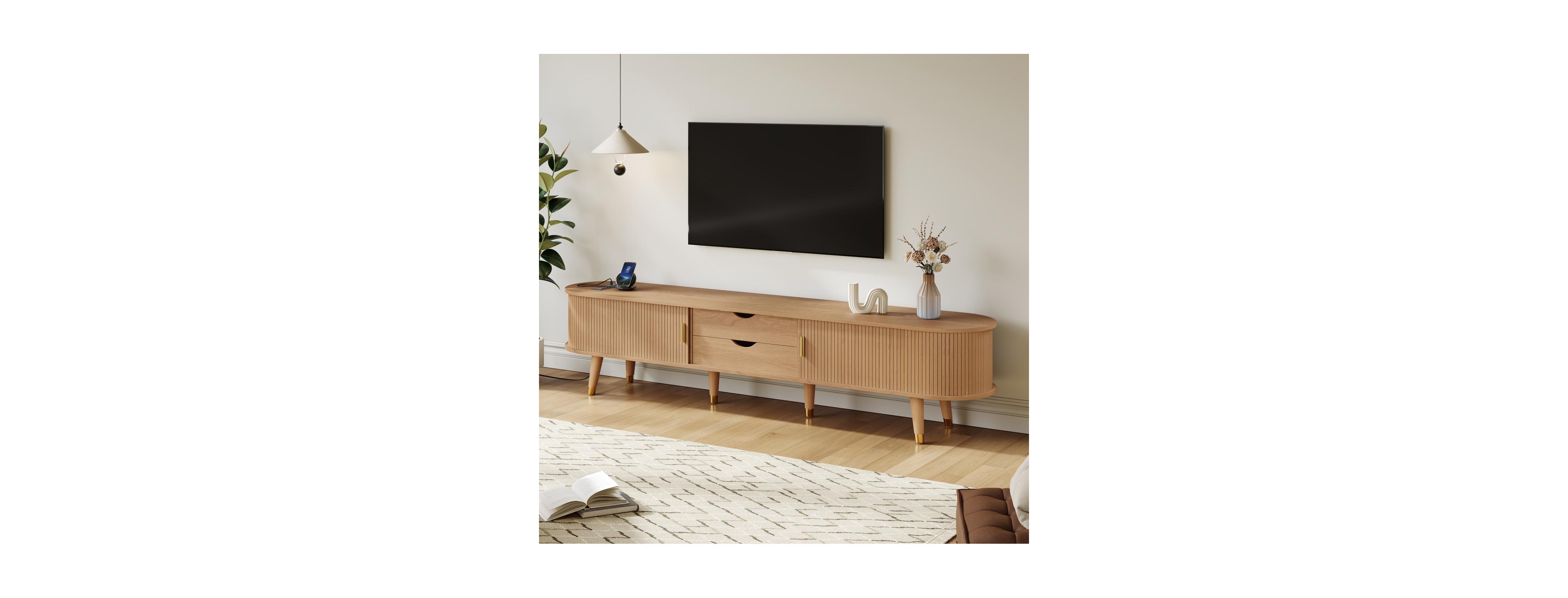 Streamdale Furniture Wooden Oval Fluted Tv Stand with Charging Station for 80" Tv, Natural