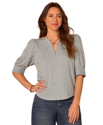 Petite Mandarin Collar Blouson-Sleeve Knit Top