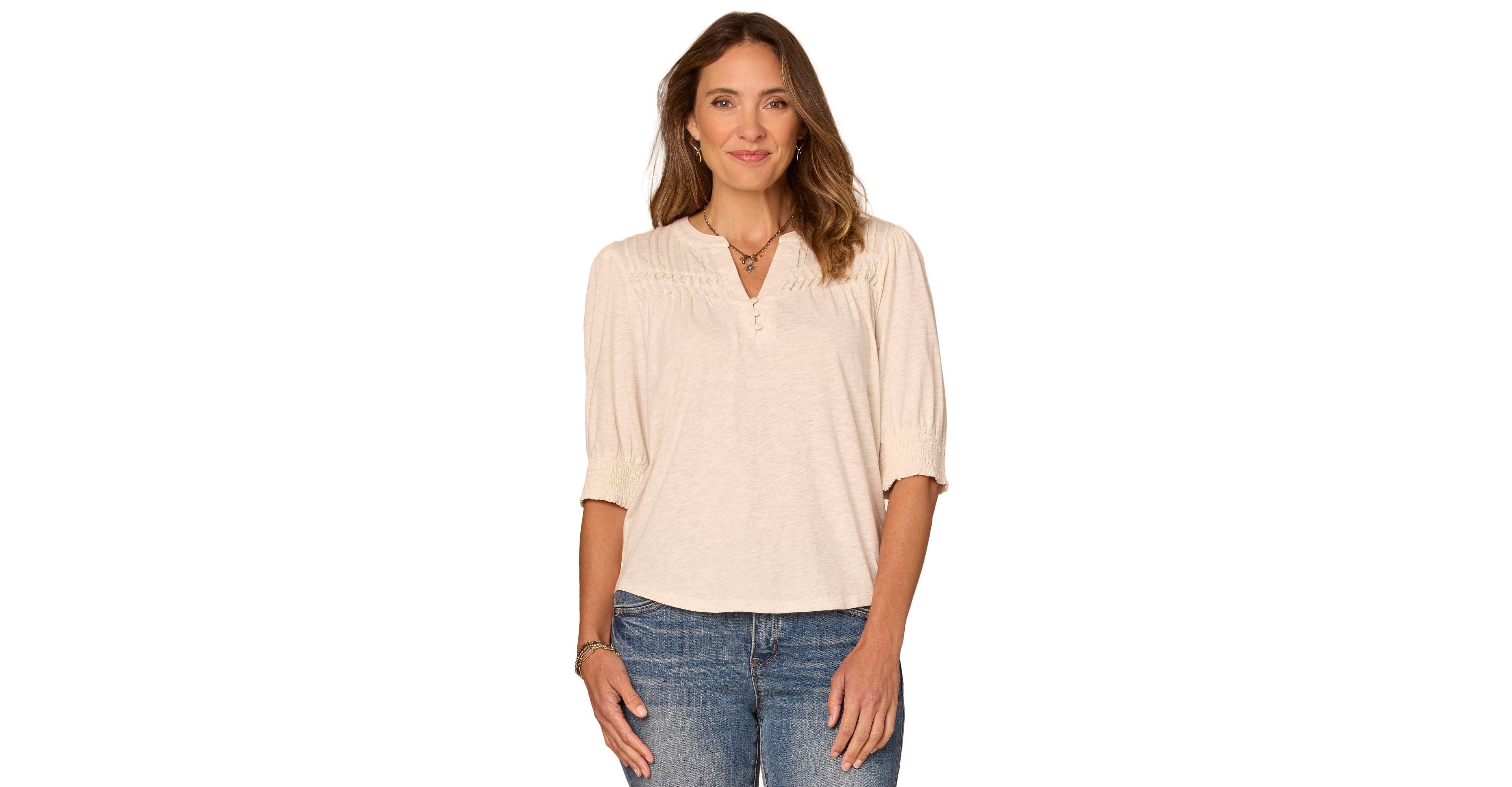 Democracy Petite Blouson-Sleeve Mandarin Collar Knit Top